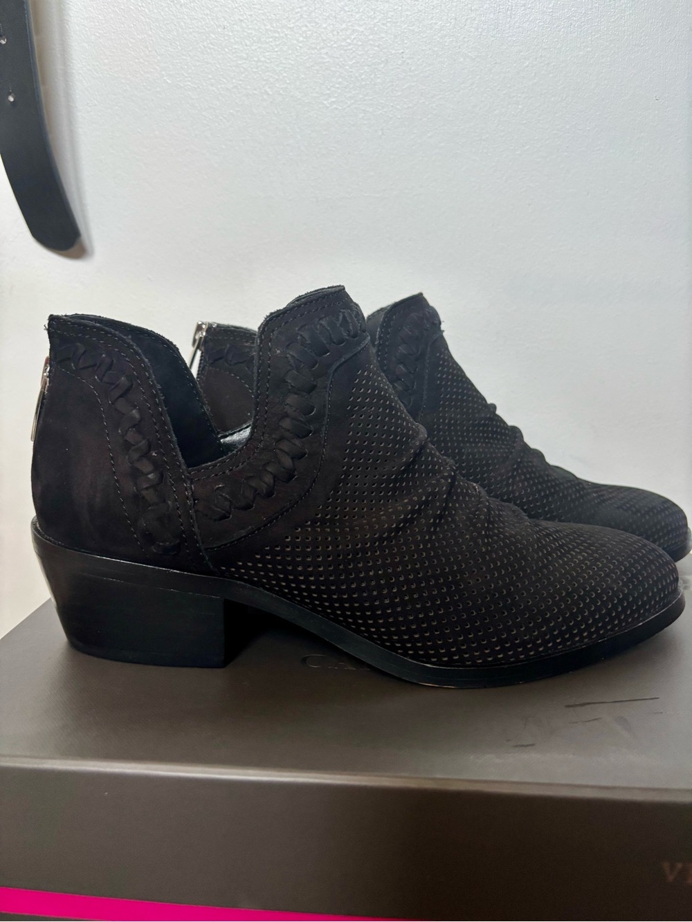 Vince Camuto Black Perforated Suede Braided-Trim Ankle Booties